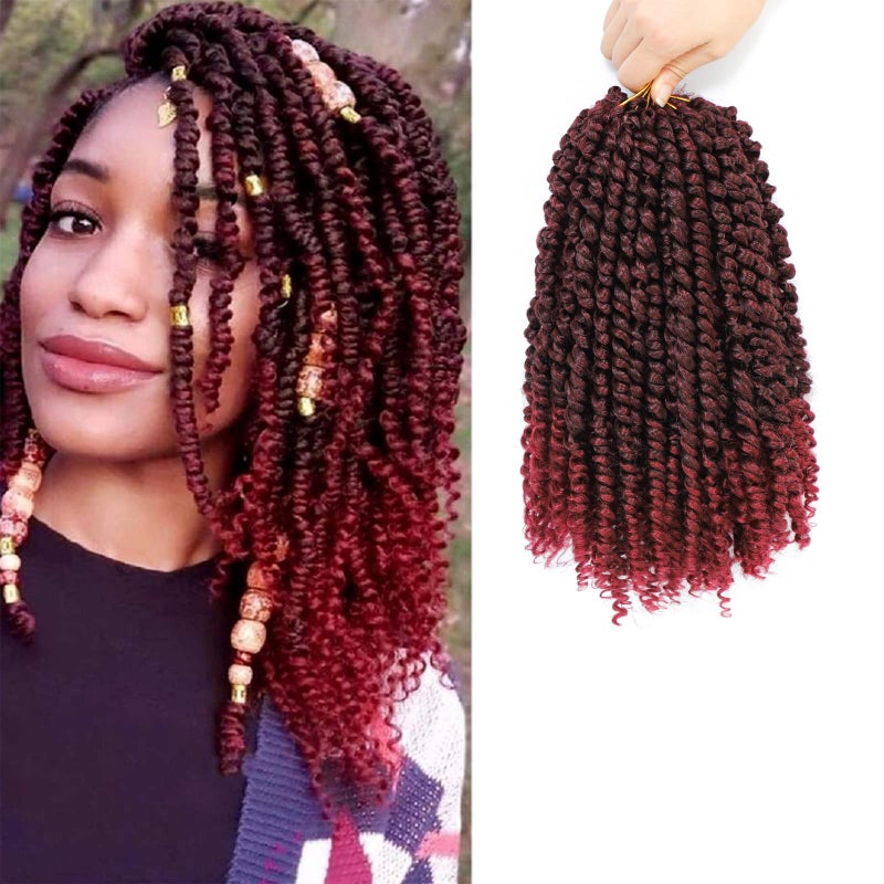 Short Passion Twist Hair 10 Inch Ombre Red Burgundy Pretwisted Passion Twists Crochet Hair Prelooped Curly Crochet Hair for Black Women 7PacksTbug